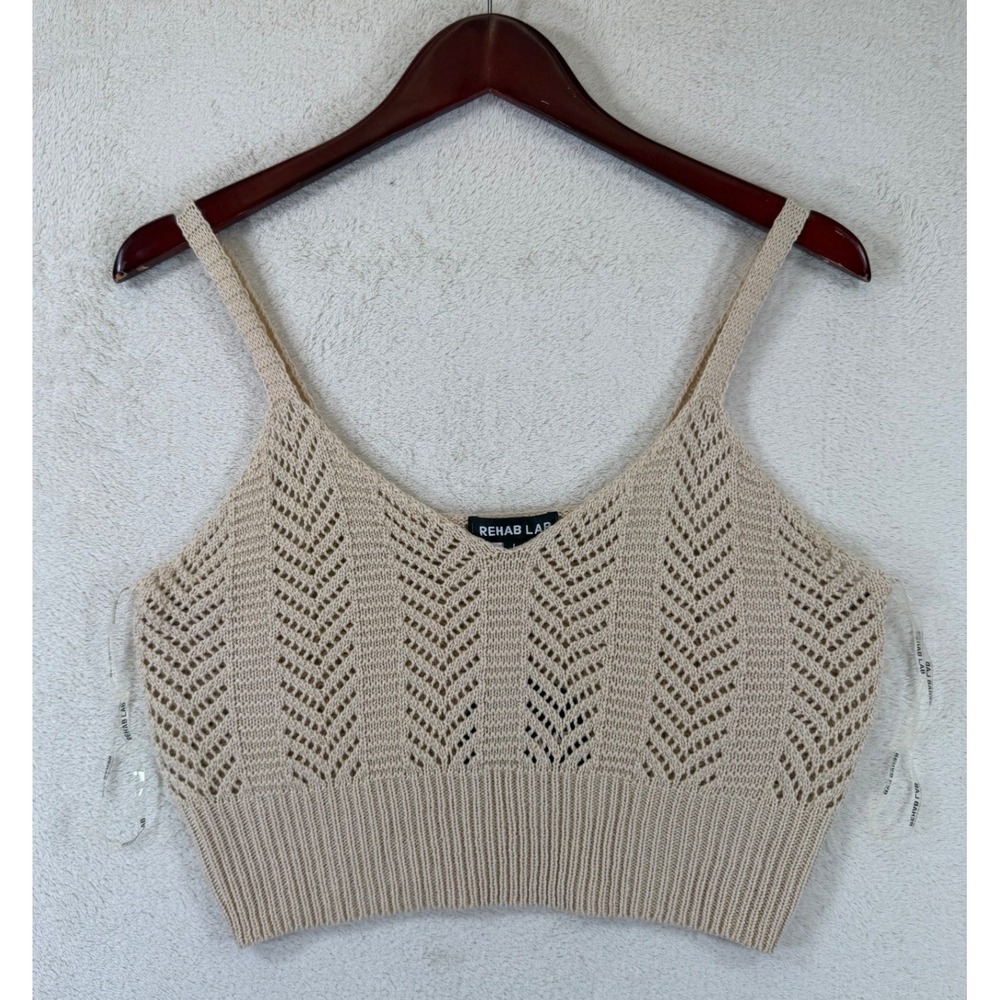 Rehab Lab Beige Crochet Knit Chevron Boho Crop Top Cami Large NEW